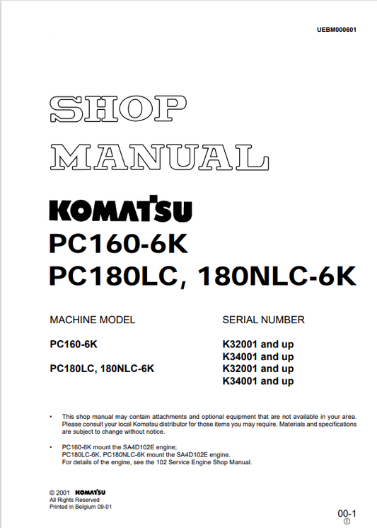 Komatsu PC160-6K Excavator Shop & Repair Manual PDF