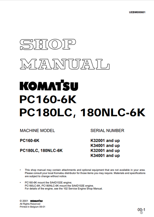 Komatsu PC160-6K PC180LC-6K PC180NLC-6K Shop Manual PDF