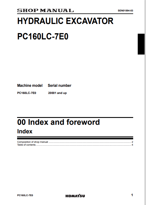 Komatsu PC160-7E0 Hydraulic Excavator Service & Repair Manual