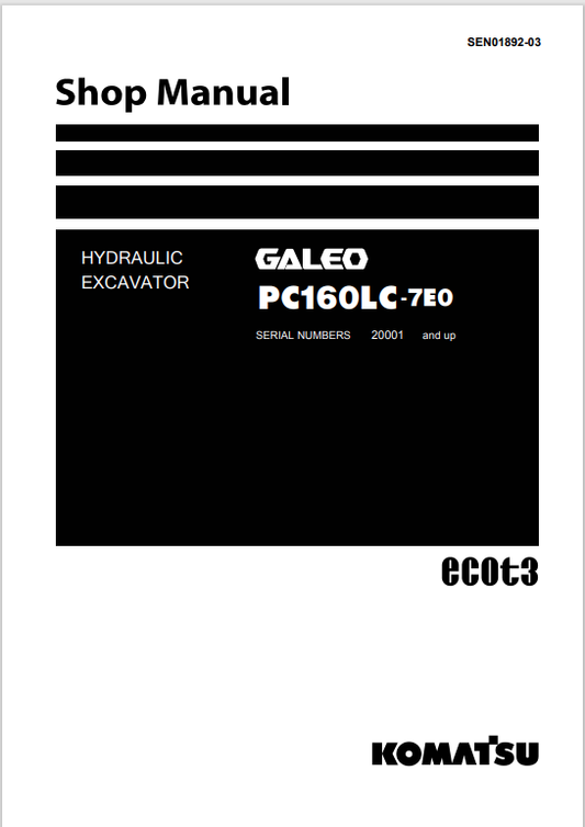 Komatsu PC160-7E0 Hydraulic Excavator Shop Manual S/N 20001-UP