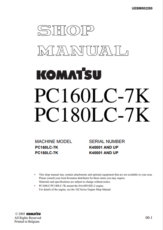 Komatsu PC160LC-7K & PC180LC-7K Excavator Shop Manual PDF