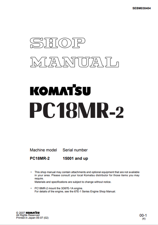 Komatsu PC18MR-2 Hydraulic Excavator Service Repair Manual SN: 15001 and up - PDF File