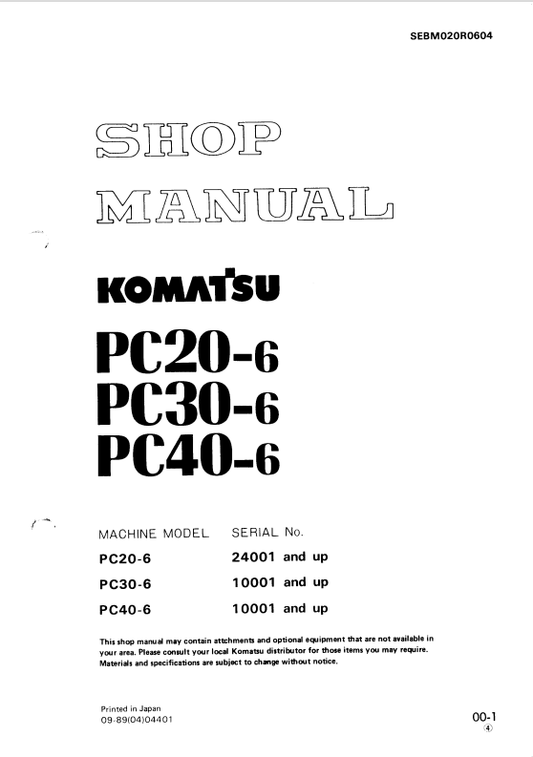 Komatsu PC20-6, PC30-6, PC40-6 Hydraulic Excavator Shop Manual - PDF File