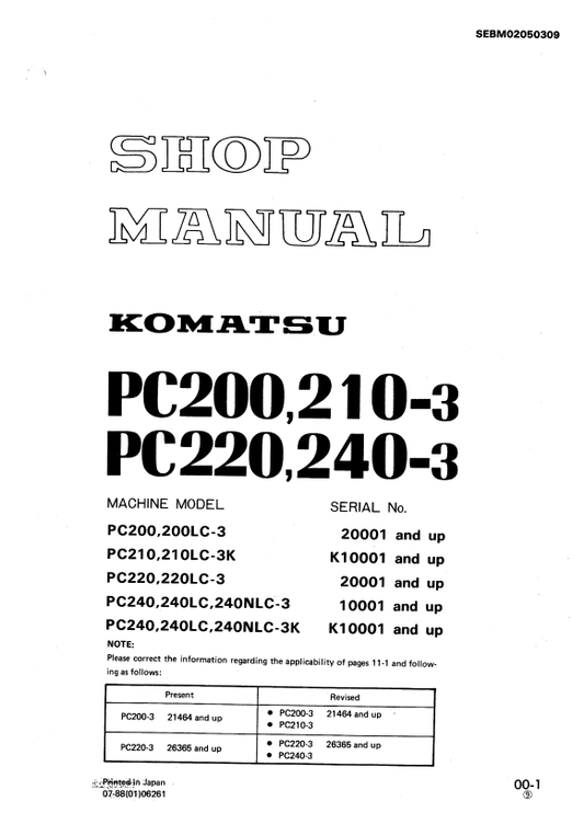 Komatsu PC200-3 PC210-3 PC220-3 PC240-3 Excavator Shop Manual