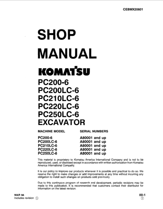 Komatsu PC200-6L/LC-6L Excavator Shop & Repair Manual PDF