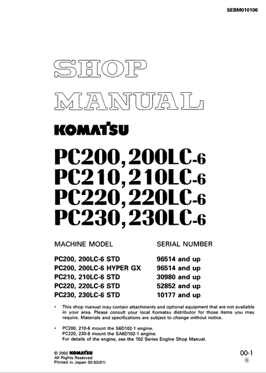 Komatsu PC200-6 PC220-6 Excavator Shop & Repair Manual PDF