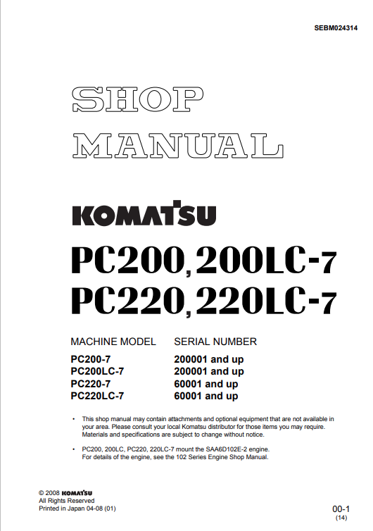 Komatsu PC200-7 PC220-7 Hydraulic Excavator Shop Manual PDF