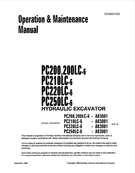 Komatsu PC200LC-6LE Excavator Operation & Maintenance Manual PDF