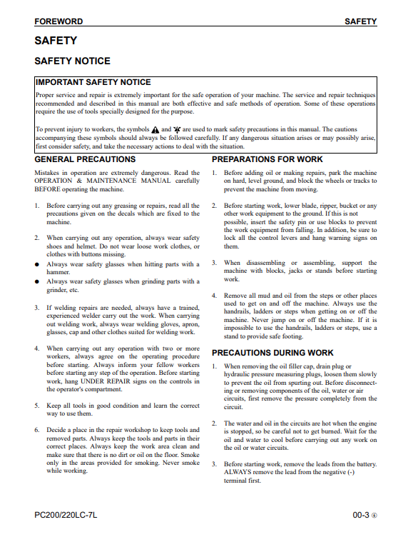 Komatsu PC200LC-7L PC220LC-7L Excavator Shop Manual PDF