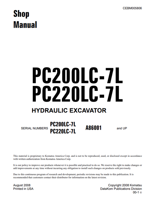 Komatsu PC200LC-7L & PC220LC-7L Excavator Shop Manual PDF