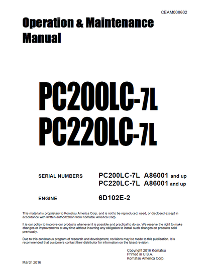 Komatsu PC200LC-7L PC220LC-7L Hydraulic Excavator Manual CEAM008602
