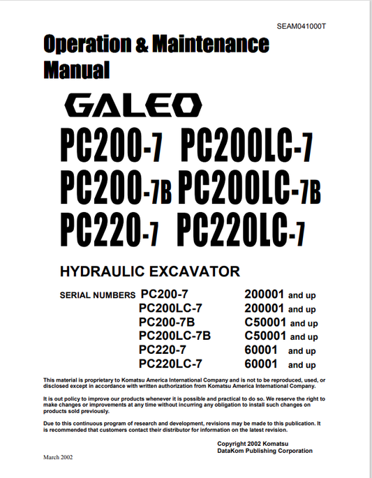 Komatsu PC200LC-7 Excavator Operation & Maintenance Manual PDF