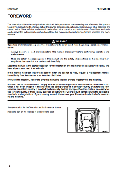 Komatsu PC200LC-7 Hydraulic Excavator Operator Manual 200001-UP