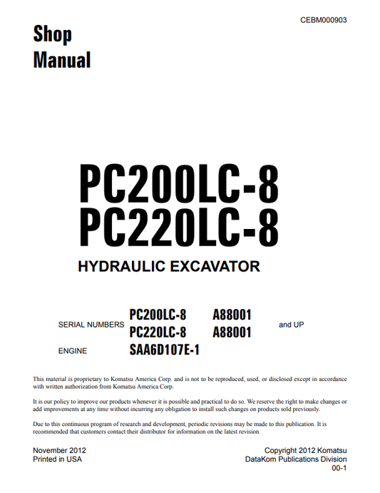 Komatsu PC200LC-8 Excavator Shop & Repair Manual PDF