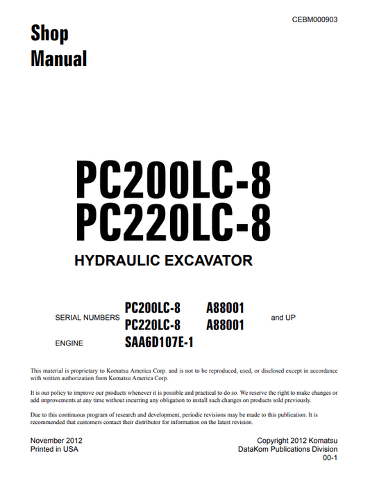Komatsu PC200LC-8 PC220LC-8 Hydraulic Excavator Shop Manual PDF