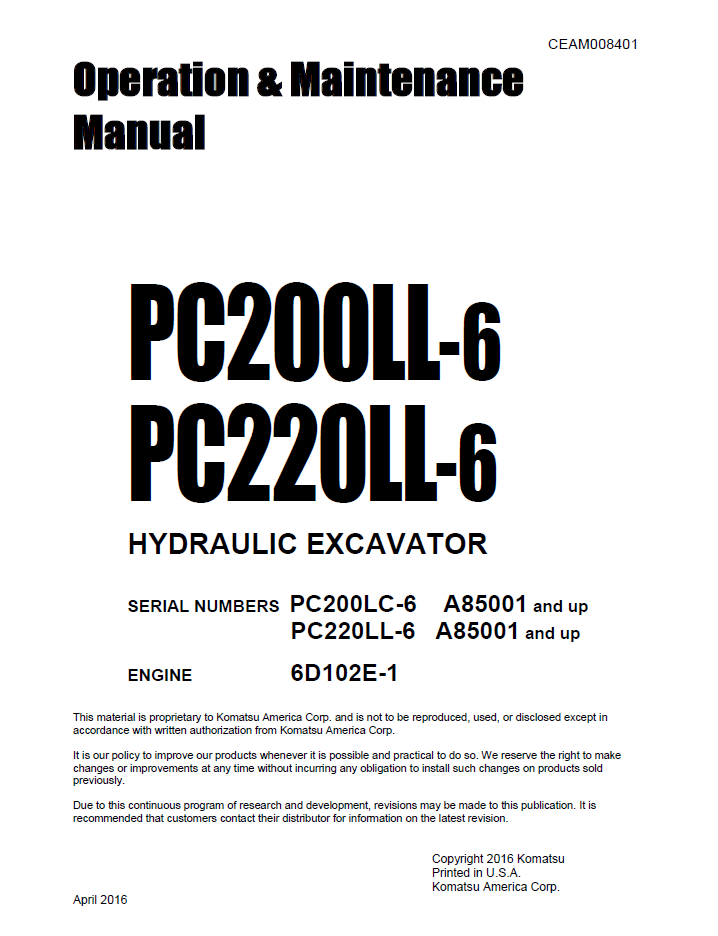 Komatsu PC200LL-6 PC220LL-6 Hydraulic Excavator Manual CEAM008401