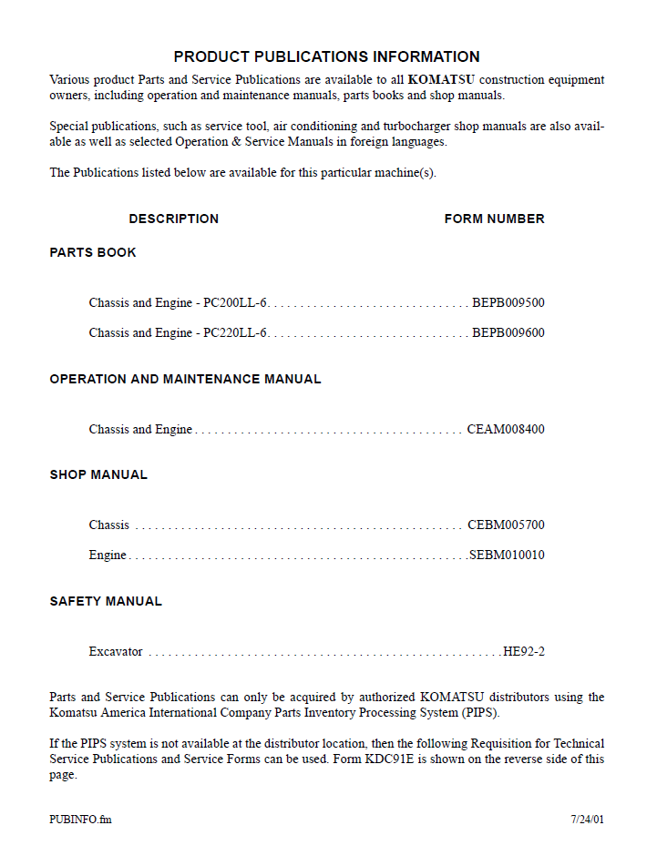 Komatsu PC200LL-6 and PC220LL-6 Hydraulic Excavator PDF Manual CEAM008401