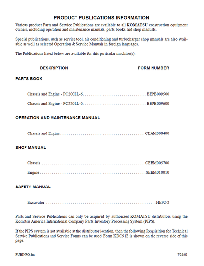 Komatsu PC200LL-6 and PC220LL-6 Hydraulic Excavator PDF Manual CEAM008401