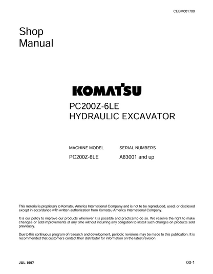 Komatsu PC200Z-6LE Hydraulic Excavator Shop Manual – CEBM001700