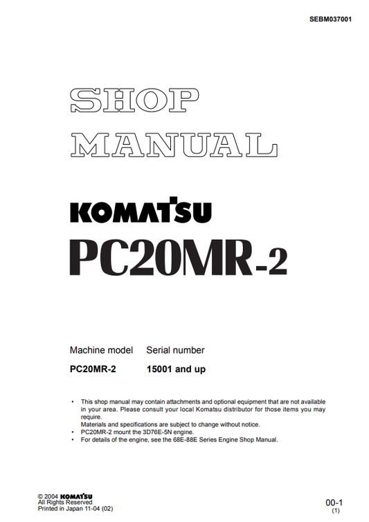 Komatsu PC20MR-2 Hydraulic Excavator Shop Manual S/N 15001-UP