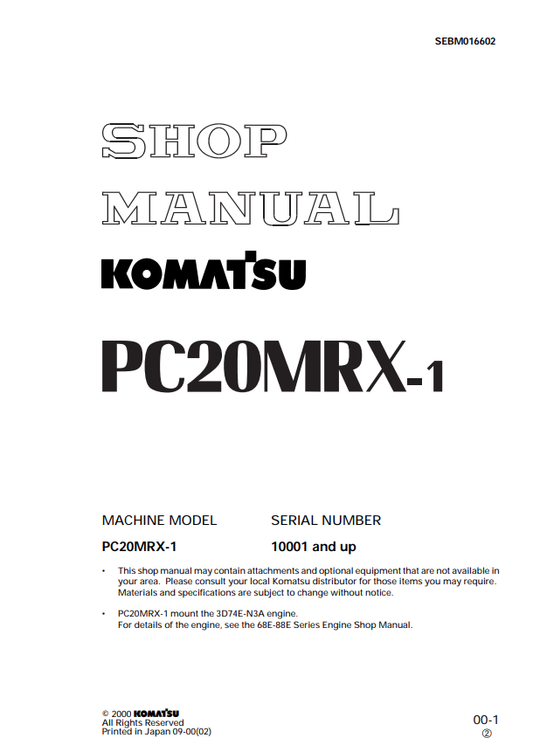 Komatsu PC20MRX-1 Hydraulic Excavator Service Repair Manual SN: 10001 and Up - PDF File