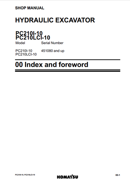 Komatsu PC210I-10 & PC210LCI-10 Service Repair Manual PDF
