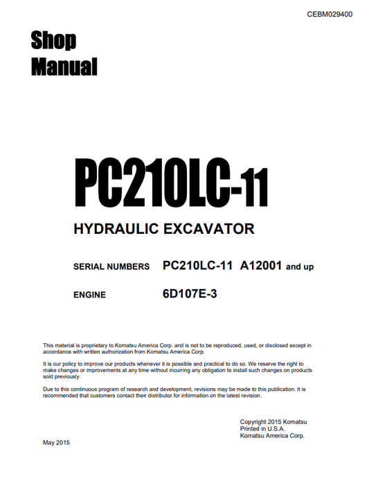Komatsu PC210LC-11 Hydraulic Excavator Shop Manual A12001-UP