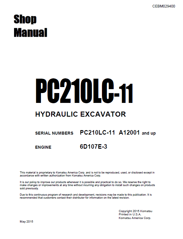 Komatsu PC210LC-11 Hydraulic Excavator Shop Manual CEBM029400