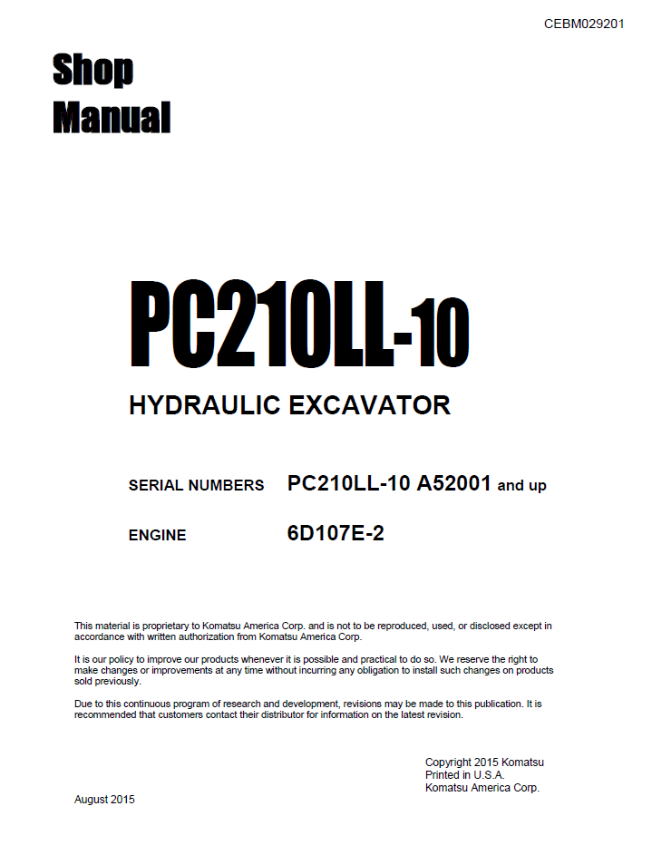Komatsu PC210LL-10 Hydraulic Excavator Official Shop Service Manual (CEBM029201)