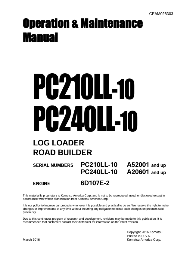 Komatsu PC210LL-10 & PC240LL-10 Log Loader Operation Manual CEAM028303