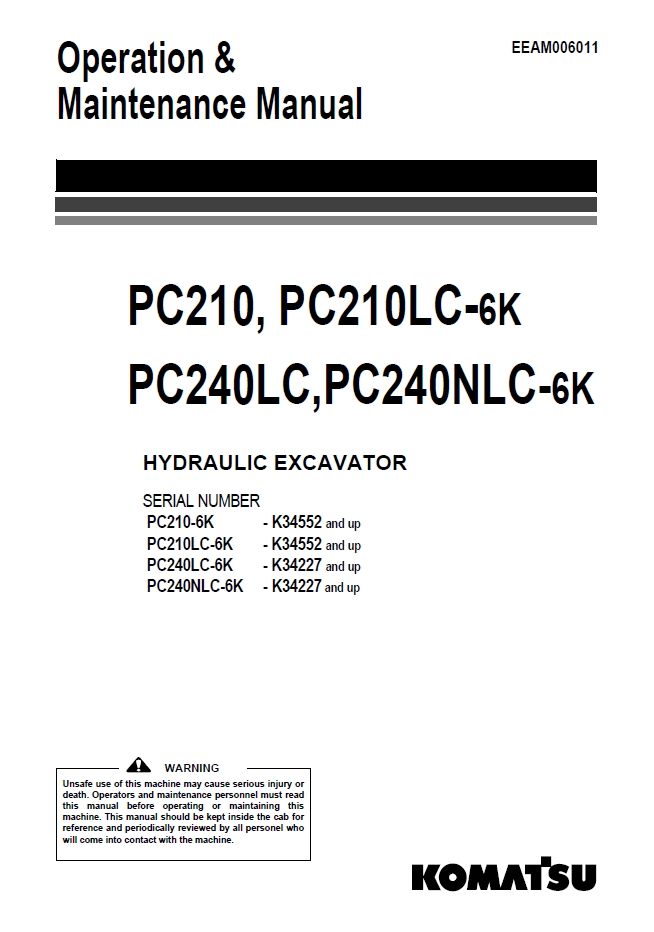 Komatsu PC210 & PC240 Series Excavator Operation & Maintenance Manual | EEAM006011