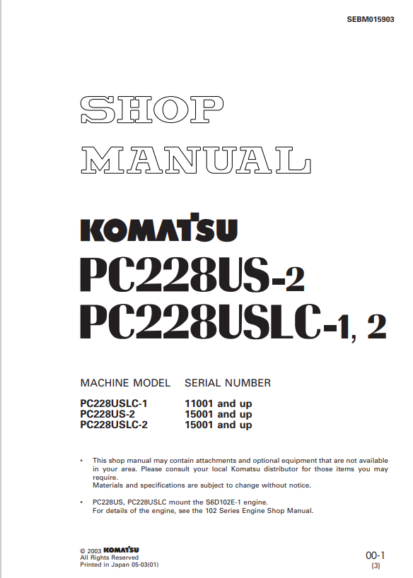Komatsu PC228US-2 PC228USLC-1 PC228USLC-2 Shop Manual PDF