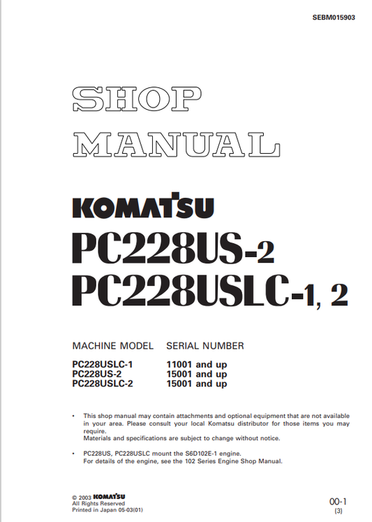 Komatsu PC228US-2 PC228USLC-1 PC228USLC-2 Shop Manual PDF