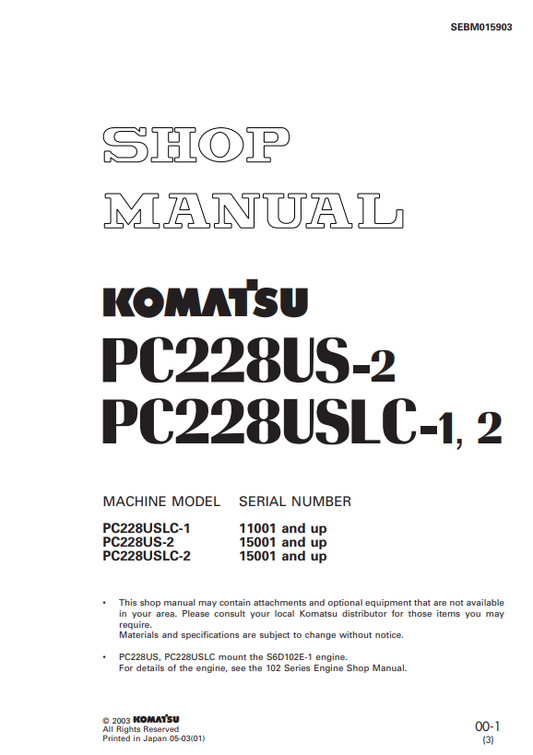 Komatsu PC228USLC-1 PC228US-2 PC228USLC-2 Shop Manual PDF