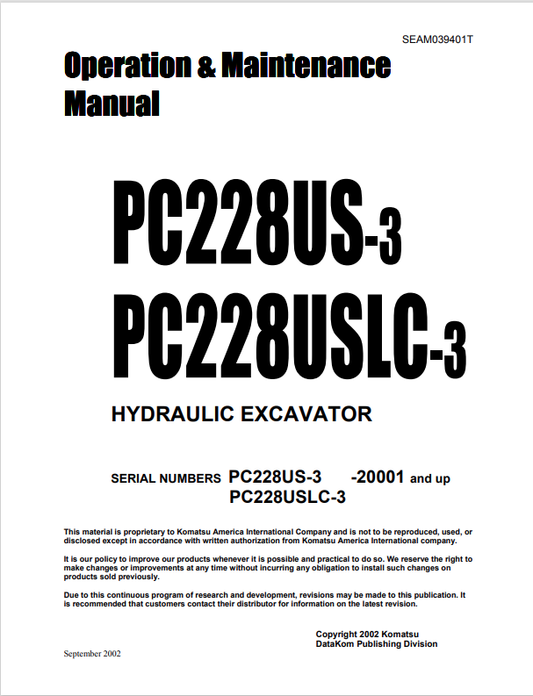 Komatsu PC228USLC-3S Excavator Operation & Maintenance Manual PDF