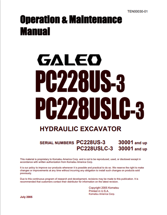 Komatsu PC228USLC-3 Crawler Excavator Operation & Maintenance PDF