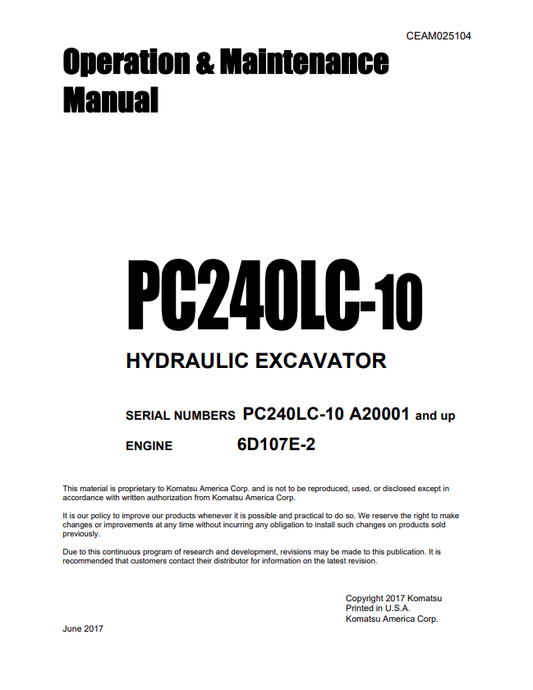 Komatsu PC240LC-10 Excavator Operation & Maintenance Manual PDF