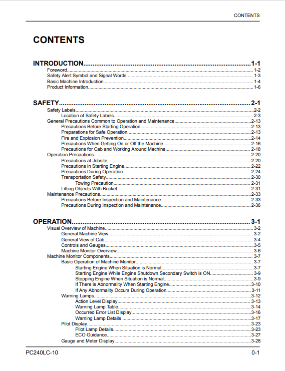 Komatsu PC240LC-10 Hydraulic Excavator Operator Manual A20001-UP