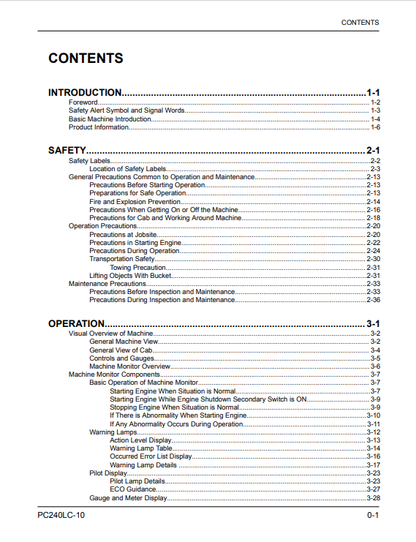 Komatsu PC240LC-10 Hydraulic Excavator Operator Manual A20001-UP