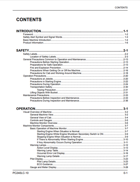 Komatsu PC240LC-10 Hydraulic Excavator Operator Manual A20001-UP