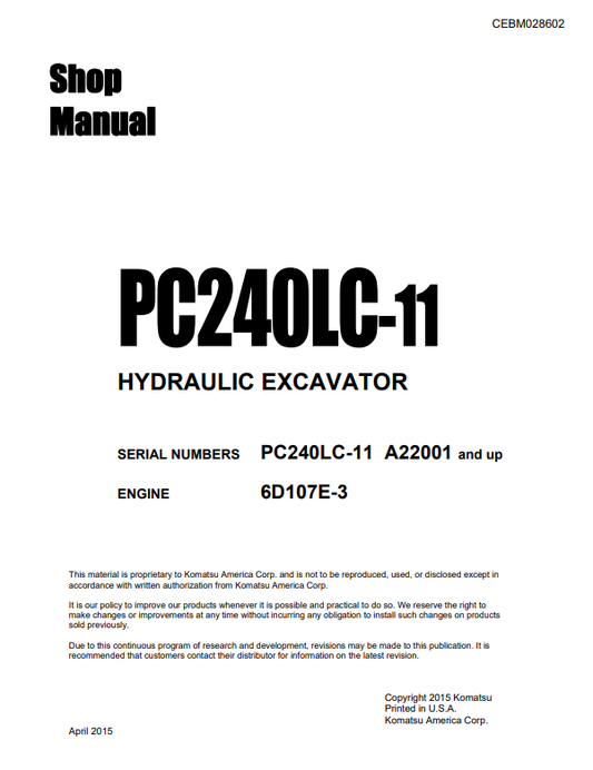 Komatsu PC240LC-11 Excavator Service & Repair Manual PDF