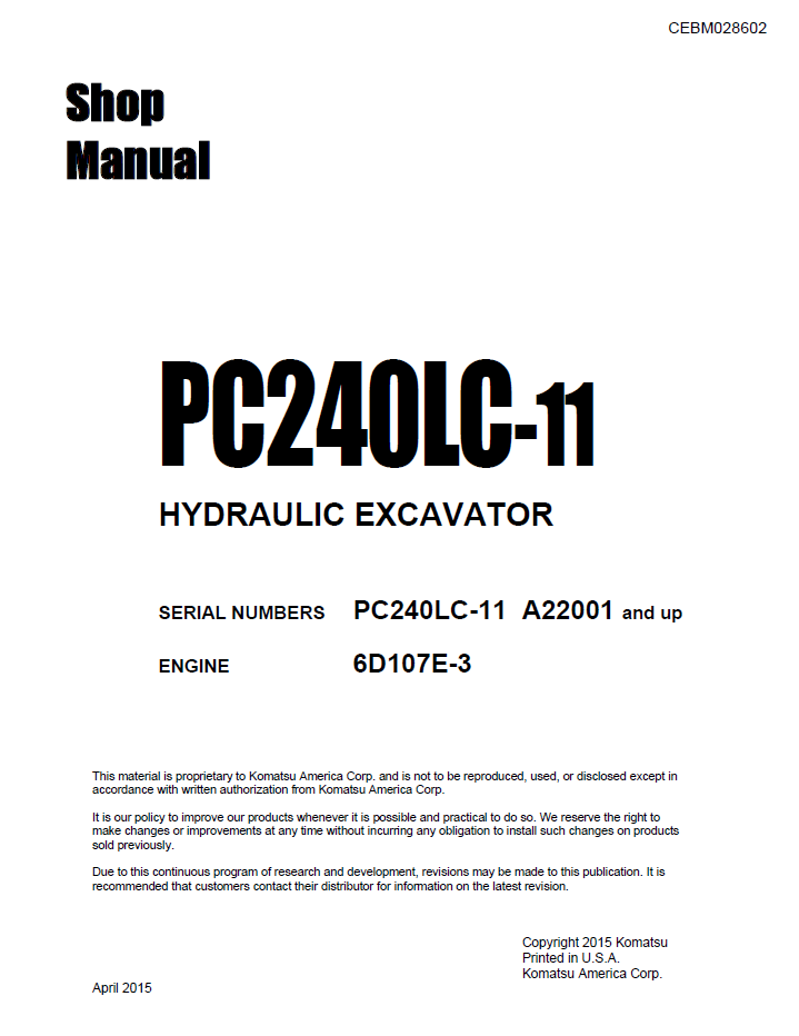 Komatsu PC240LC-11 Hydraulic Excavator Official Shop Service Manual (CEBM028602)