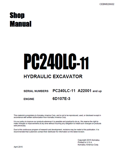 Komatsu PC240LC-11 Hydraulic Excavator Official Shop Service Manual (CEBM028602)