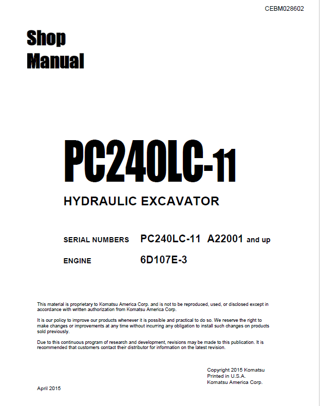Komatsu PC240LC-11 Hydraulic Excavator Shop Manual CEBM028602
