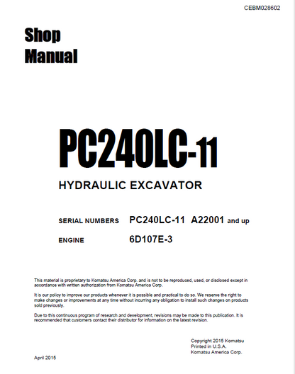 Komatsu PC240LC-11 Hydraulic Excavator Shop Manual CEBM028602