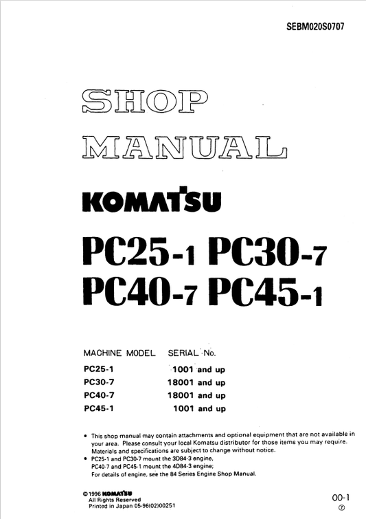 Komatsu PC25-1, PC30-7, PC40-7, PC45-1 Hydraulic Excavator Shop Manual SN: 1001 and Up, 18001 &amp; Up - PDF File