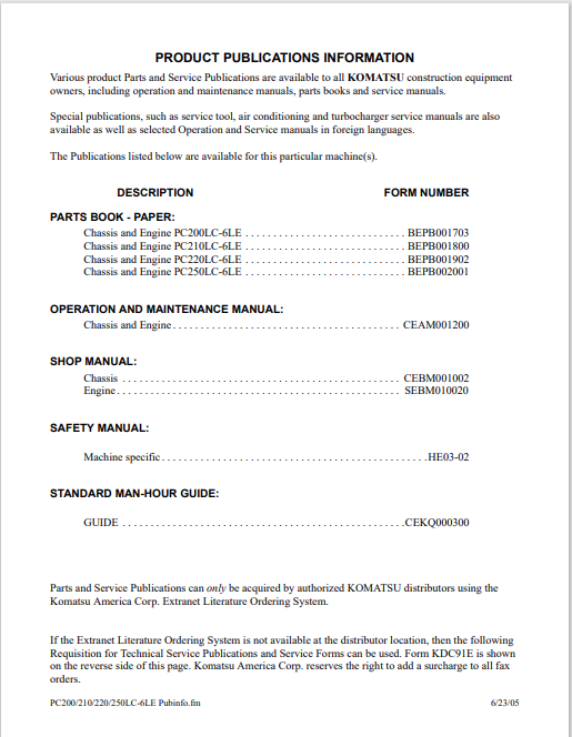 Komatsu PC250LC-6LE Excavator Maintenance & Operation Guide PDF