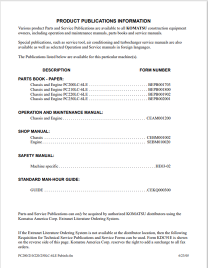 Komatsu PC250LC-6LE Excavator Maintenance & Operation Guide PDF