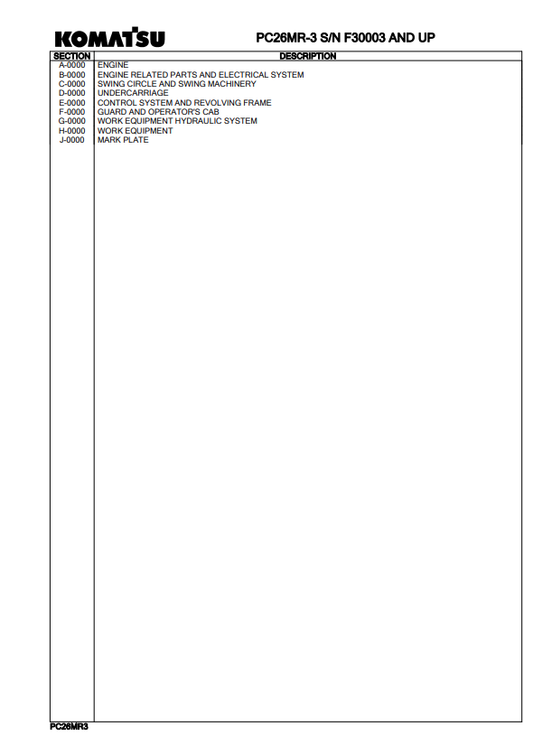 Komatsu PC26MR-3 Crawler Excavator Parts Catalogue Manual PDF