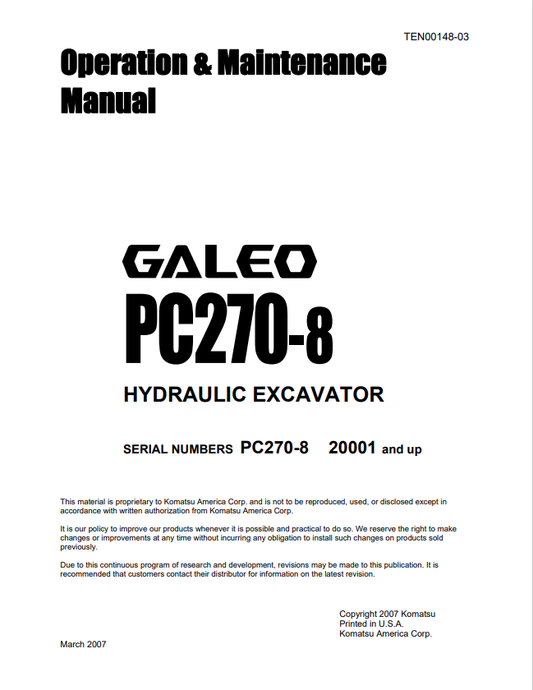 Komatsu PC270-8 Excavator Operation & Maintenance Manual PDF